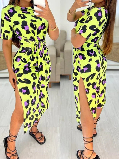 White Leopard Print Dress Tied Detail Slit Side Split Dress