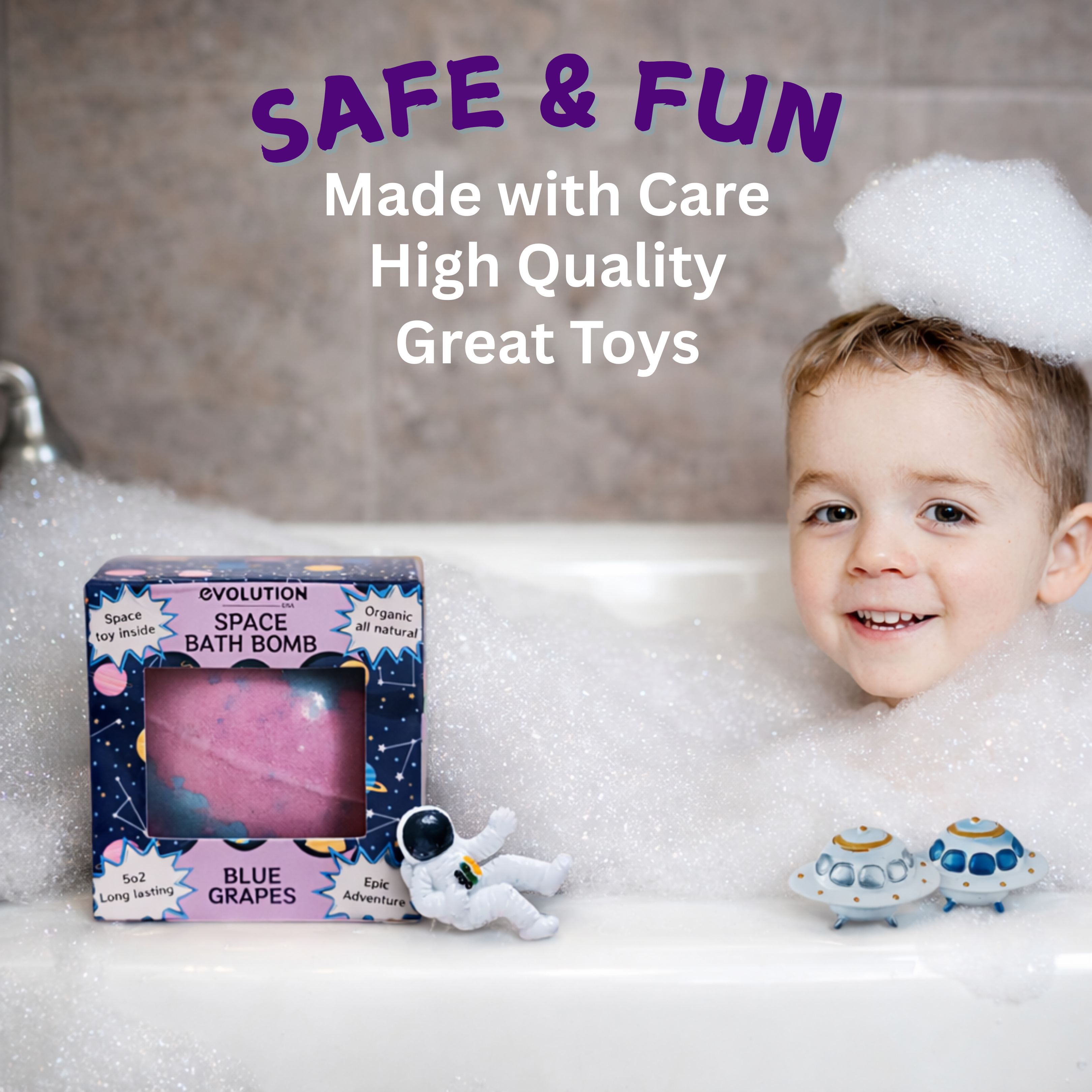 EvolutionUSA 1pc Space Bath Bomb for Boys & Girls, Planet Bath Ball with Toy Hidden Inside, Organic Hypoallerganic Childrens Bathbomb, Cosmic Fun Space Surprise, Gift Set Birthday, Valentines, Easter