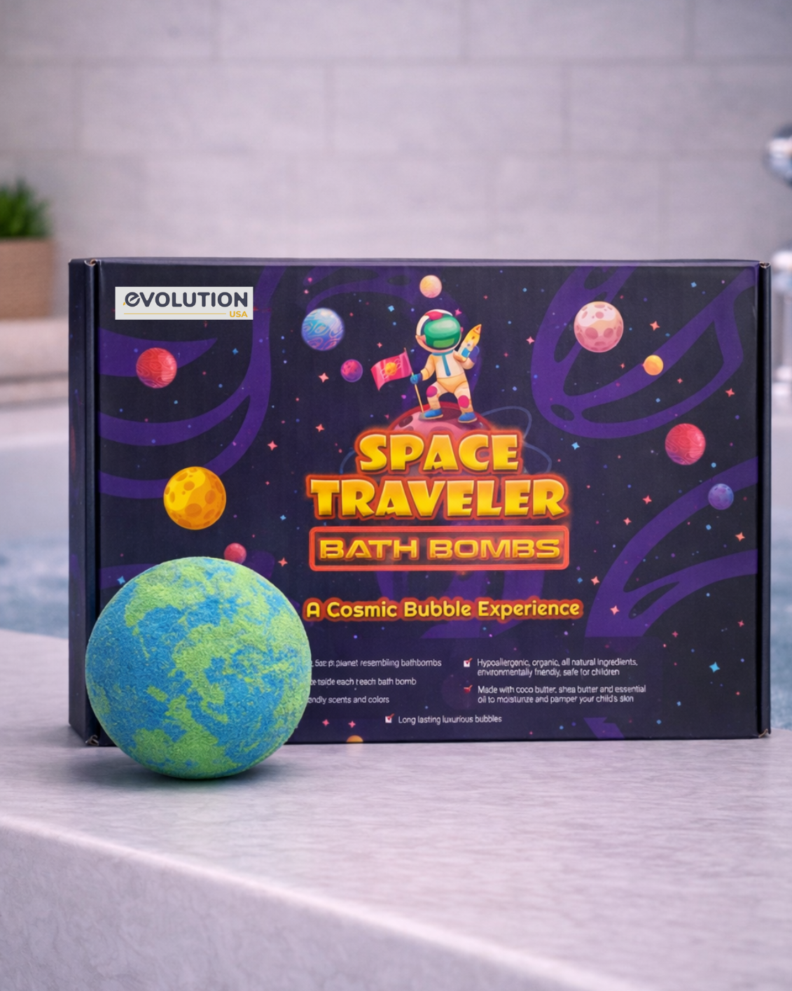 EvolutionUSA Space Bath Bombs for Boys & Girls – 6 Planet Bath Bombs with Toy Inside, Organic Childrens Bathbomb Set, Cosmic Bath Fizzers, Kid Bath Bomb Gift for Valentines, Birthday, Christmas & Easter