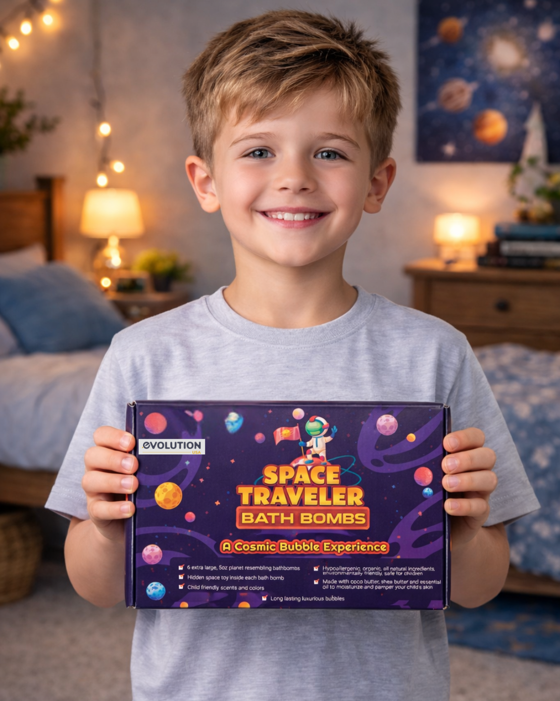 EvolutionUSA Space Bath Bombs for Boys & Girls – 6 Planet Bath Bombs with Toy Inside, Organic Childrens Bathbomb Set, Cosmic Bath Fizzers, Kid Bath Bomb Gift for Valentines, Birthday, Christmas & Easter