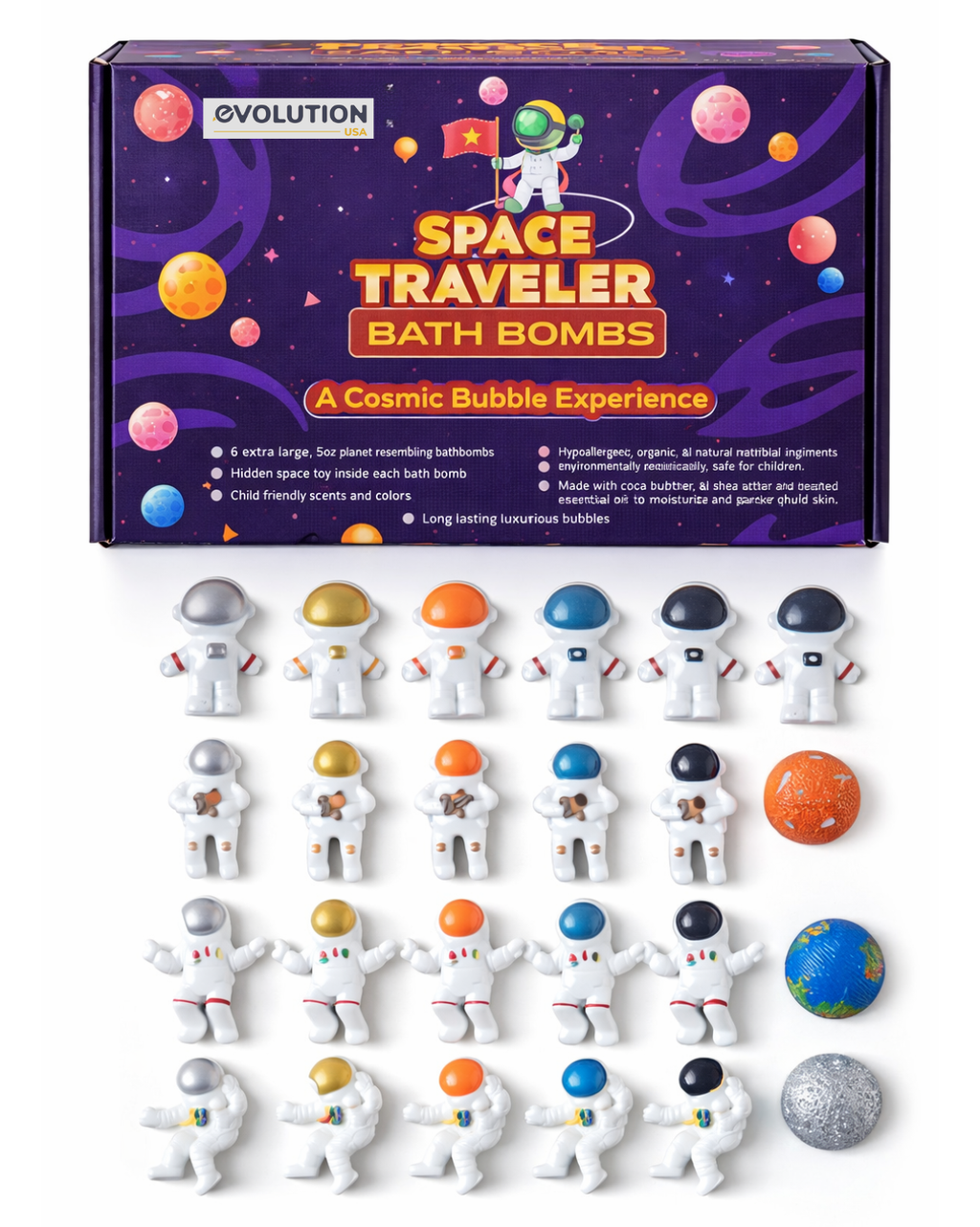EvolutionUSA Space Bath Bombs for Boys & Girls – 6 Planet Bath Bombs with Toy Inside, Organic Childrens Bathbomb Set, Cosmic Bath Fizzers, Kid Bath Bomb Gift for Valentines, Birthday, Christmas & Easter