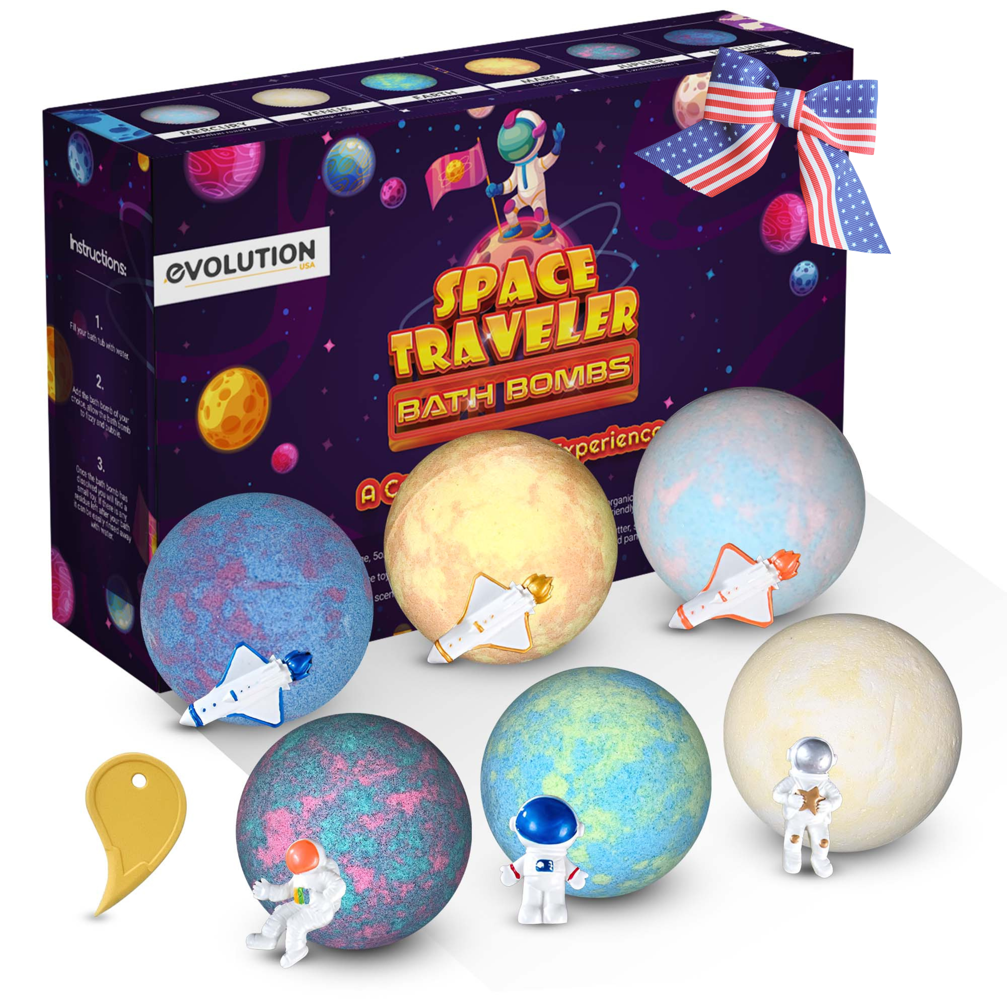 EvolutionUSA Space Bath Bombs for Boys & Girls – 6 Planet Bath Bombs with Toy Inside, Organic Childrens Bathbomb Set, Cosmic Bath Fizzers, Kid Bath Bomb Gift for Valentines, Birthday, Christmas & Easter