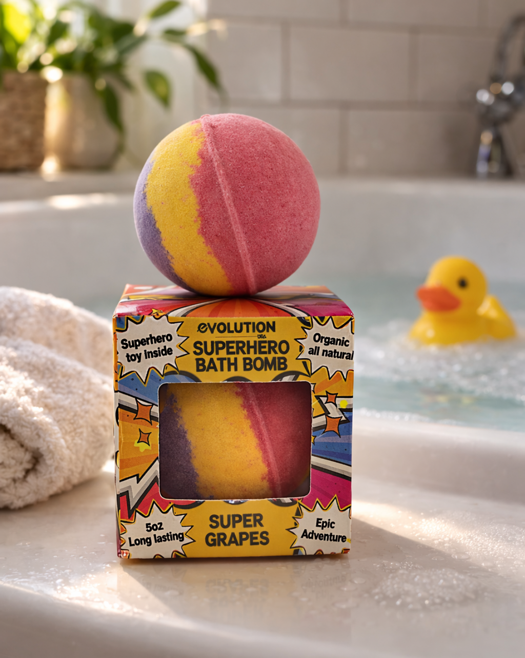 EvolutionUSA 1pc Epic Superhero Bath Bombs for Kids – Super Hero Bath Bomb with Toy Inside, Lush Children Bathbomb Easter, Organic Bathbomb with Surprise Inside, Fun Superhero Bath Fizzer Valentines