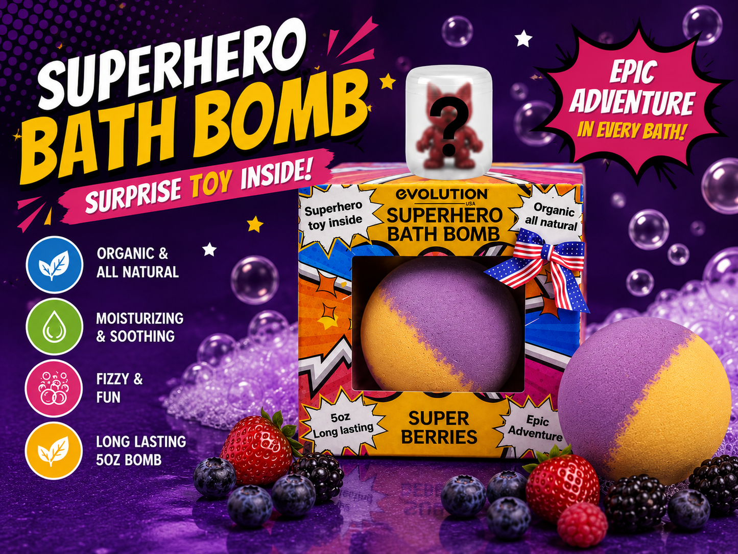 EvolutionUSA 1pc Epic Superhero Bath Bombs for Kids - Red