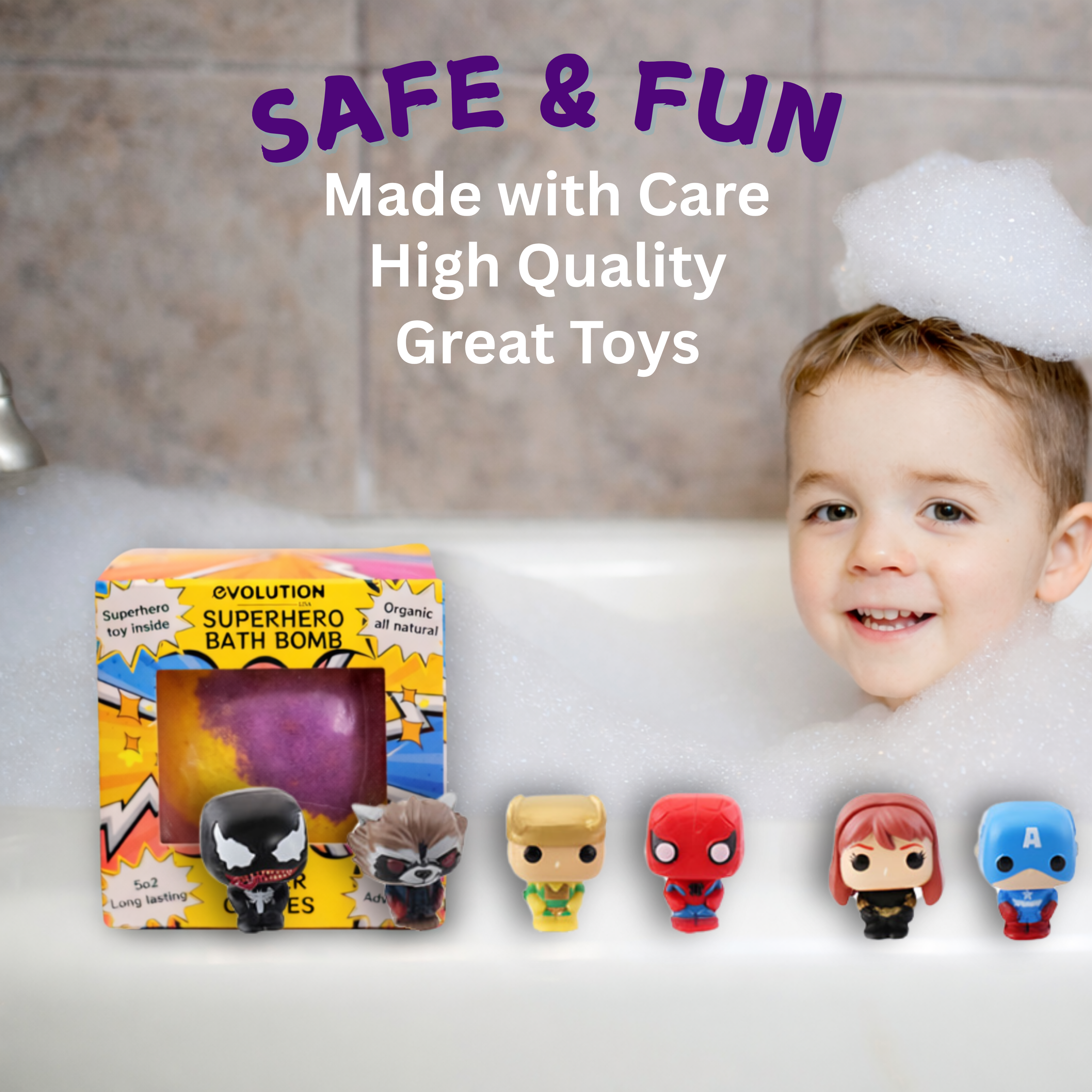 EvolutionUSA 1pc Epic Superhero Bath Bombs for Kids – Super Hero Bath Bomb with Toy Inside, Lush Children Bathbomb Easter, Organic Bathbomb with Surprise Inside, Fun Superhero Bath Fizzer Valentines
