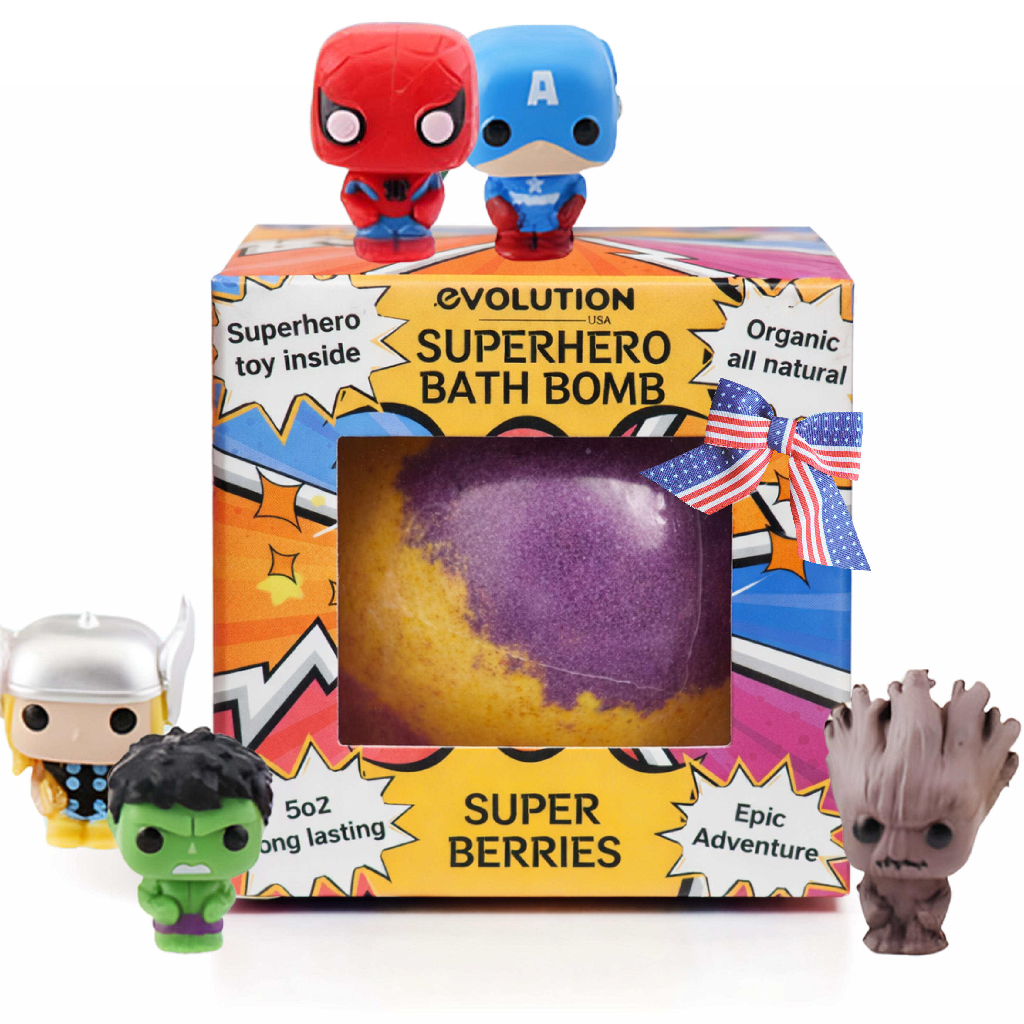 EvolutionUSA 1pc Epic Superhero Bath Bombs for Kids – Super Hero Bath Bomb with Toy Inside, Lush Children Bathbomb Easter, Organic Bathbomb with Surprise Inside, Fun Superhero Bath Fizzer Valentines