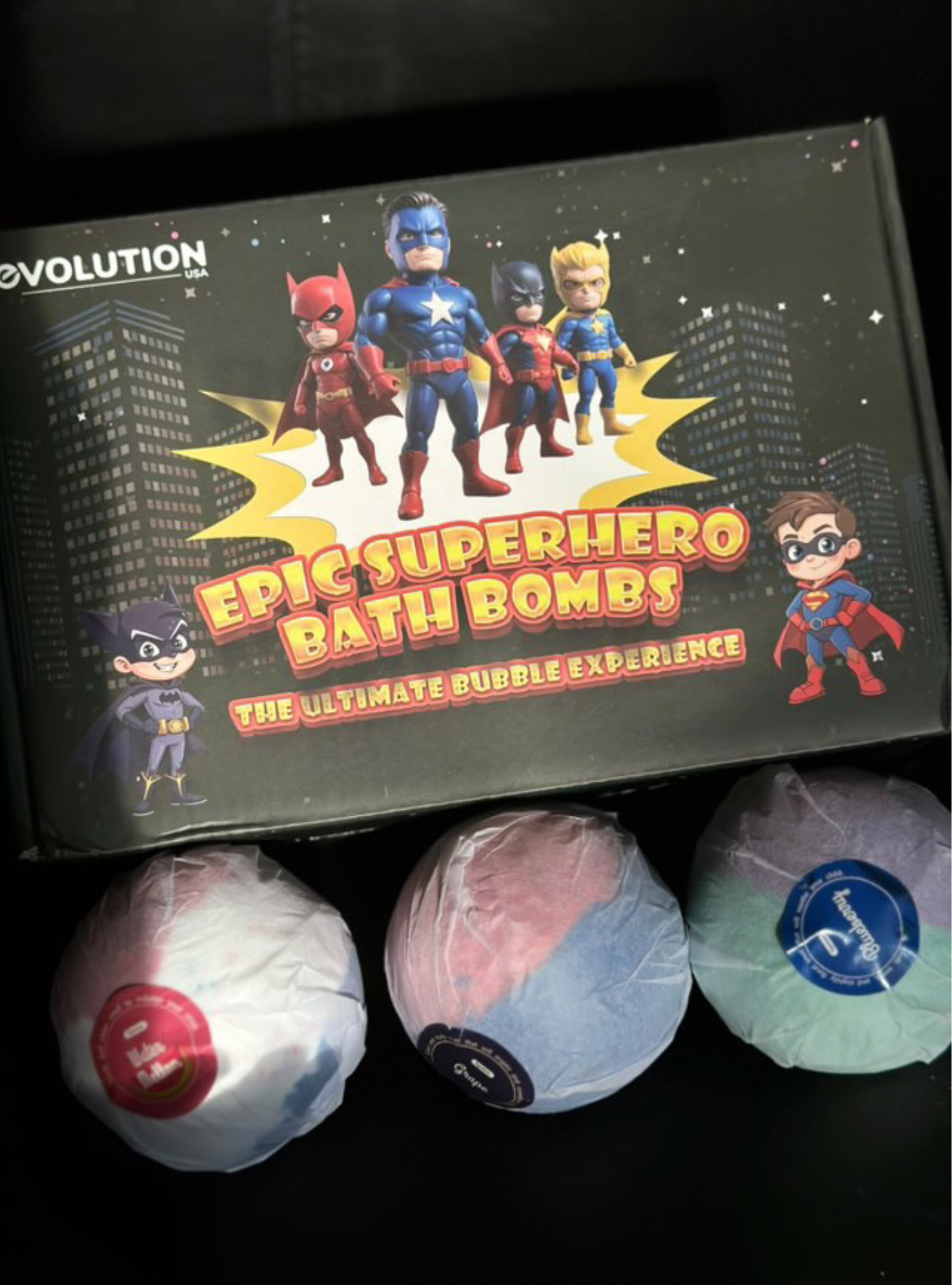 EvolutionUSA 6pc Epic Superhero Bath Bombs for Kids – Childrens Super Hero Bath Bombs with Toy, Organic Bathbomb with Surprise, Fizzy Superhero Bath Balls, Lush Bathbombs Easter, Valentines, Birthday