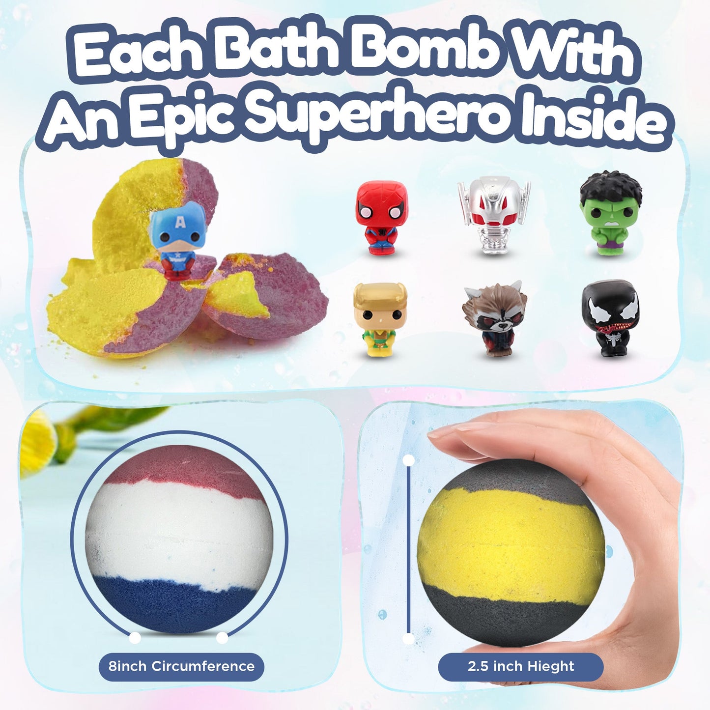 EvolutionUSA 6pc Epic Superhero Bath Bombs for Kids – Childrens Super Hero Bath Bombs with Toy, Organic Bathbomb with Surprise, Fizzy Superhero Bath Balls, Lush Bathbombs Easter, Valentines, Birthday