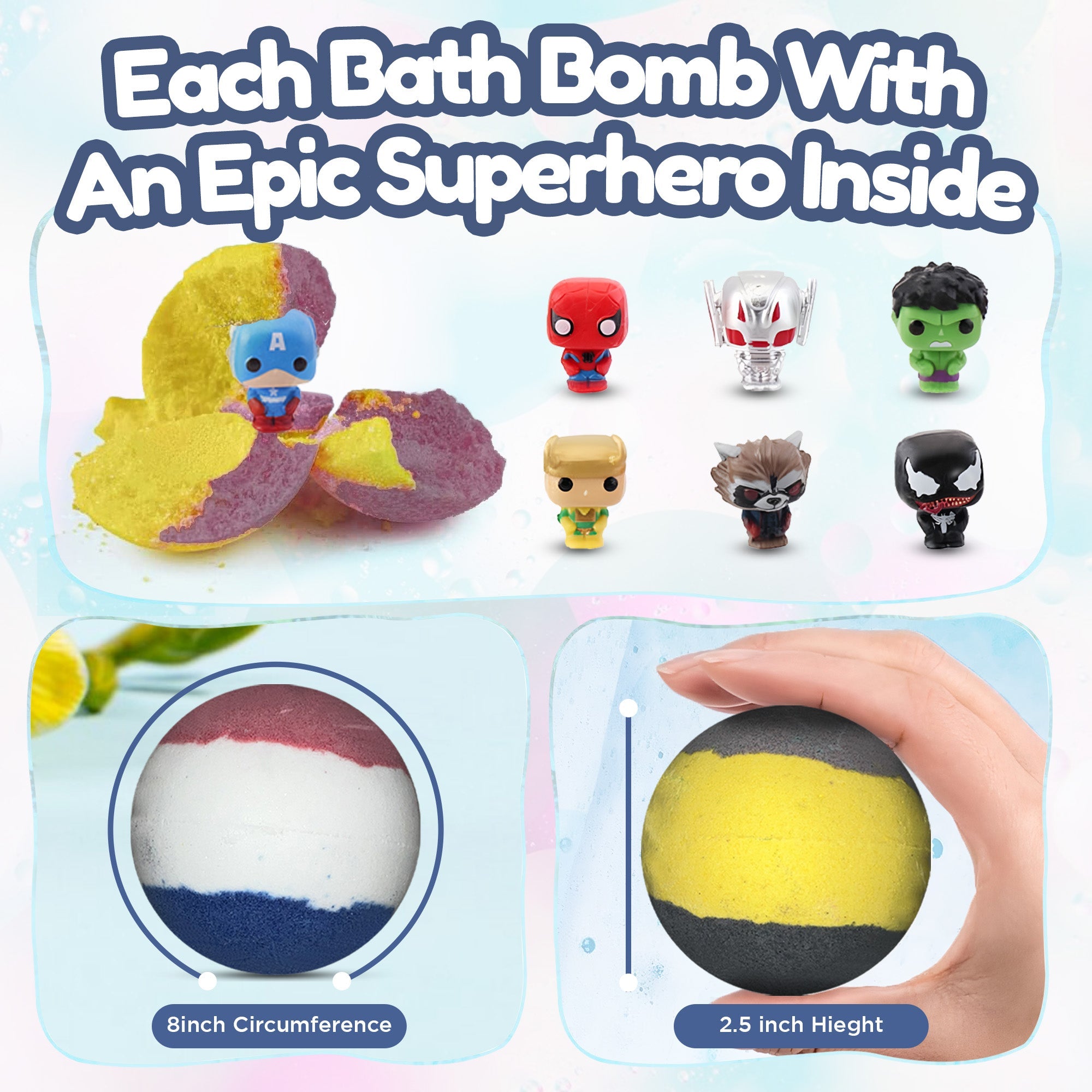 EvolutionUSA 6pc Epic Superhero Bath Bombs for Kids – Childrens Super Hero Bath Bombs with Toy, Organic Bathbomb with Surprise, Fizzy Superhero Bath Balls, Lush Bathbombs Easter, Valentines, Birthday