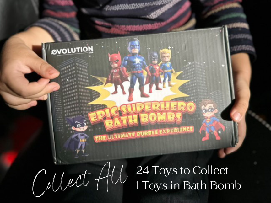 EvolutionUSA 6pc Epic Superhero Bath Bombs for Kids – Childrens Super Hero Bath Bombs with Toy, Organic Bathbomb with Surprise, Fizzy Superhero Bath Balls, Lush Bathbombs Easter, Valentines, Birthday