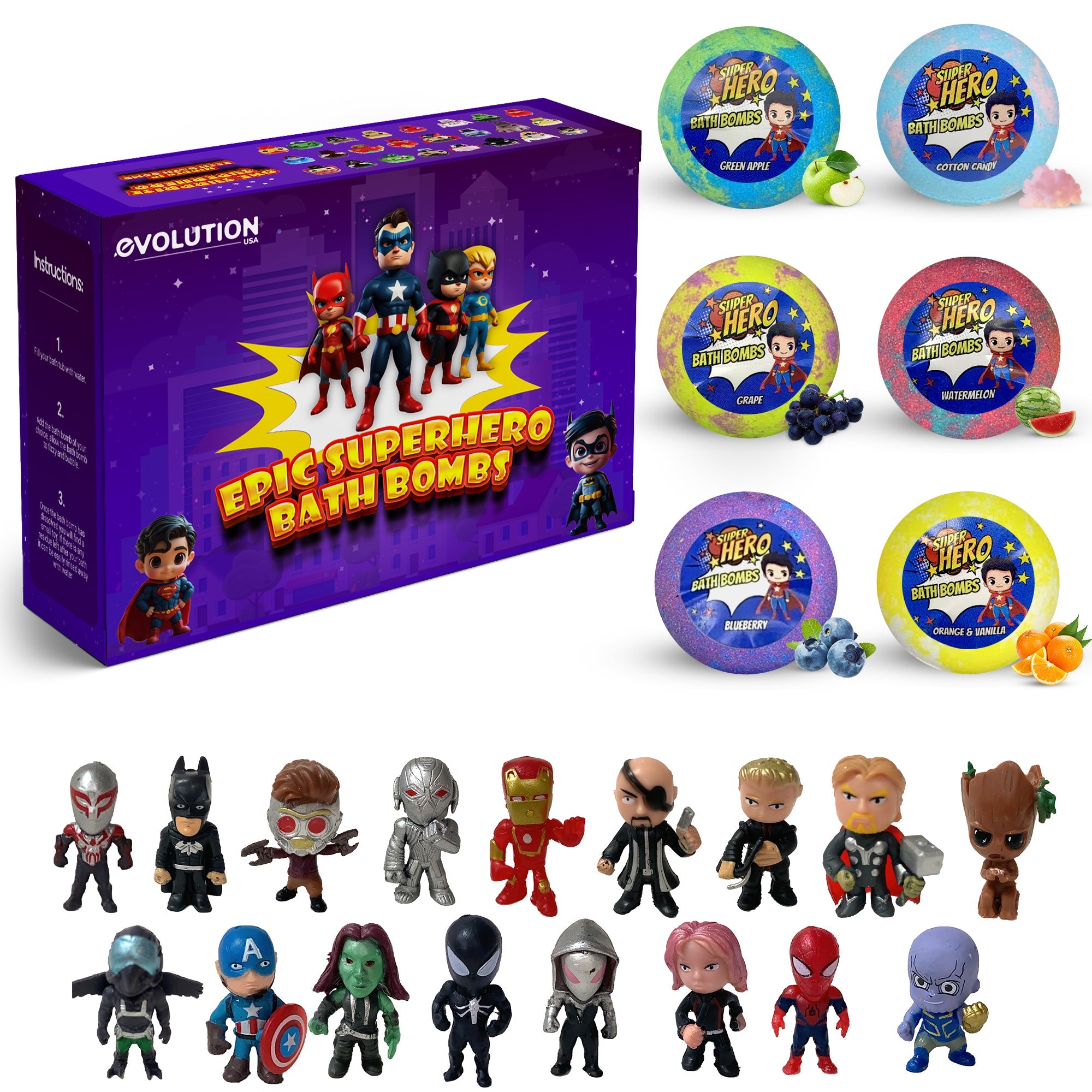 EvolutionUSA 6pc Epic Superhero Bath Bombs for Kids – Childrens Super Hero Bath Bombs with Toy, Organic Bathbomb with Surprise, Fizzy Superhero Bath Balls, Lush Bathbombs Easter, Valentines, Birthday