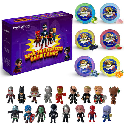 EvolutionUSA 6pc Epic Superhero Bath Bombs for Kids – Childrens Super Hero Bath Bombs with Toy, Organic Bathbomb with Surprise, Fizzy Superhero Bath Balls, Lush Bathbombs Easter, Valentines, Birthday