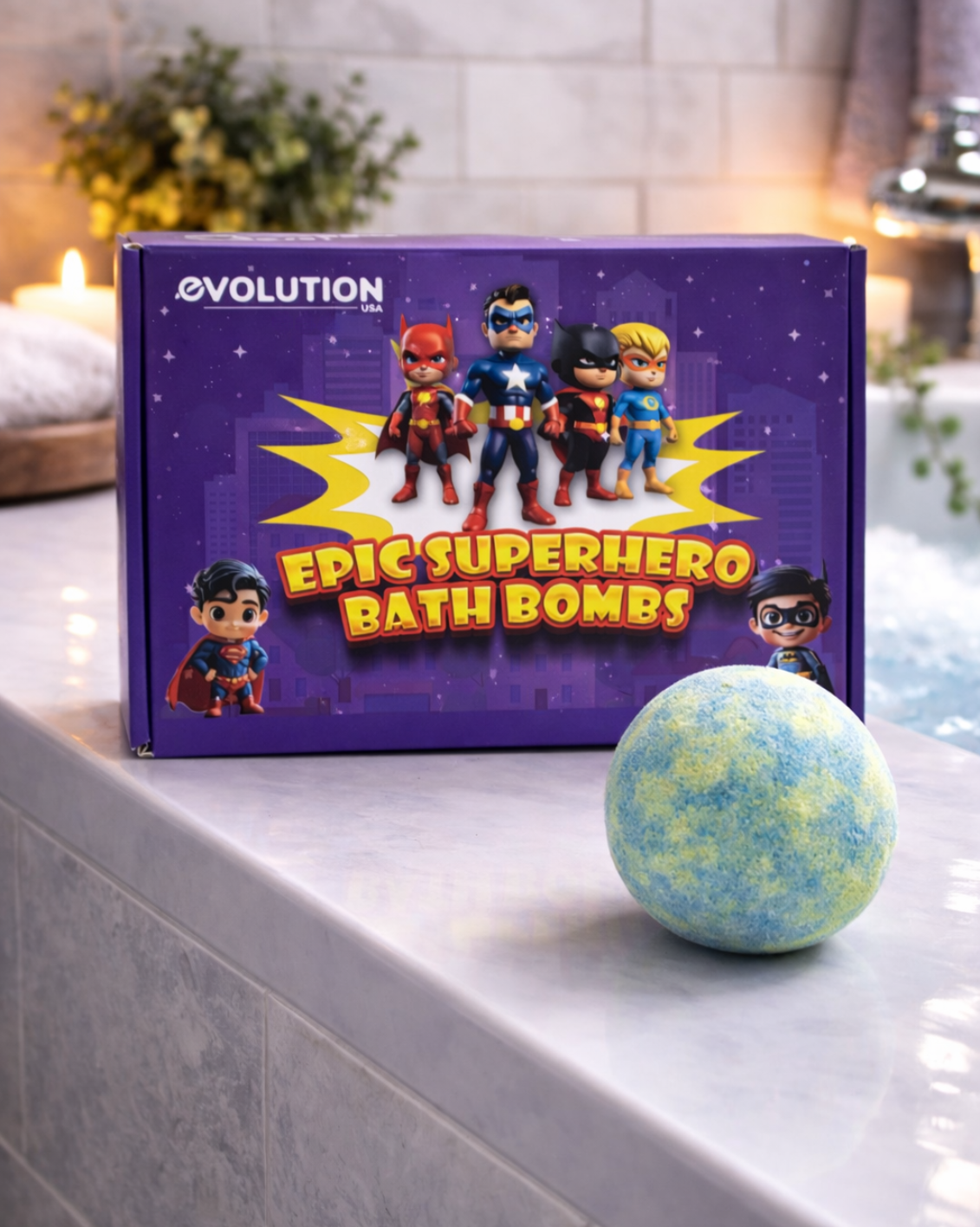 EvolutionUSA 6pc Epic Superhero Bath Bombs for Kids – Childrens Super Hero Bath Bombs with Toy, Organic Bathbomb with Surprise, Fizzy Superhero Bath Balls, Lush Bathbombs Easter, Valentines, Birthday