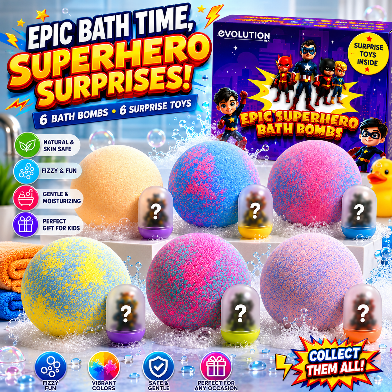 EvolutionUSA 6pc Epic Superhero Bath Bombs for Kids - Purple