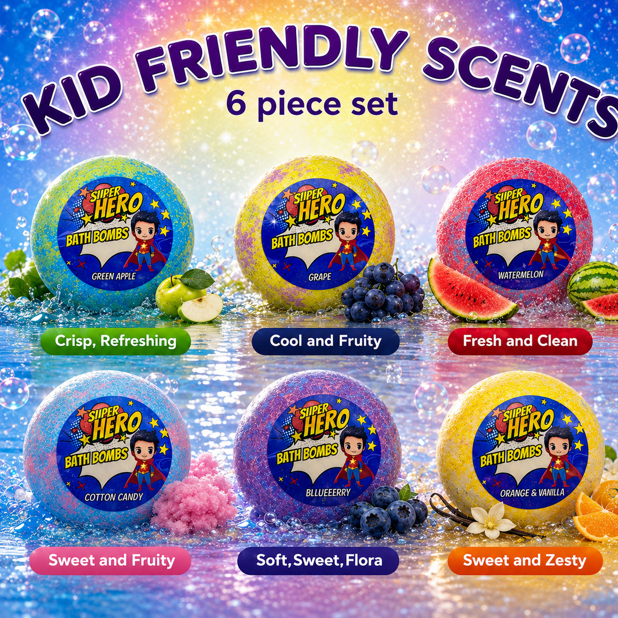EvolutionUSA 6pc Epic Superhero Bath Bombs for Kids - Purple
