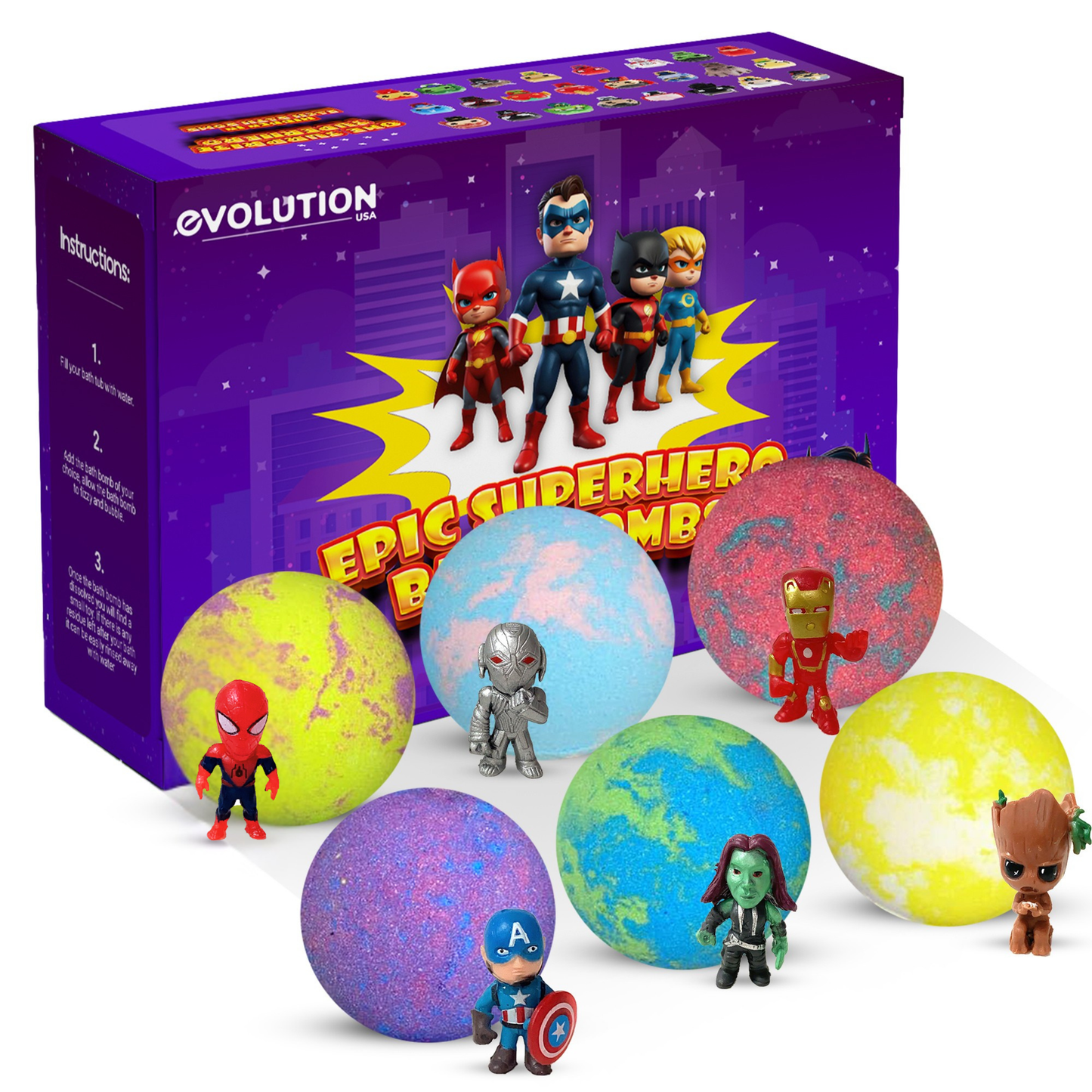 EvolutionUSA 6pc Epic Superhero Bath Bombs for Kids - Purple
