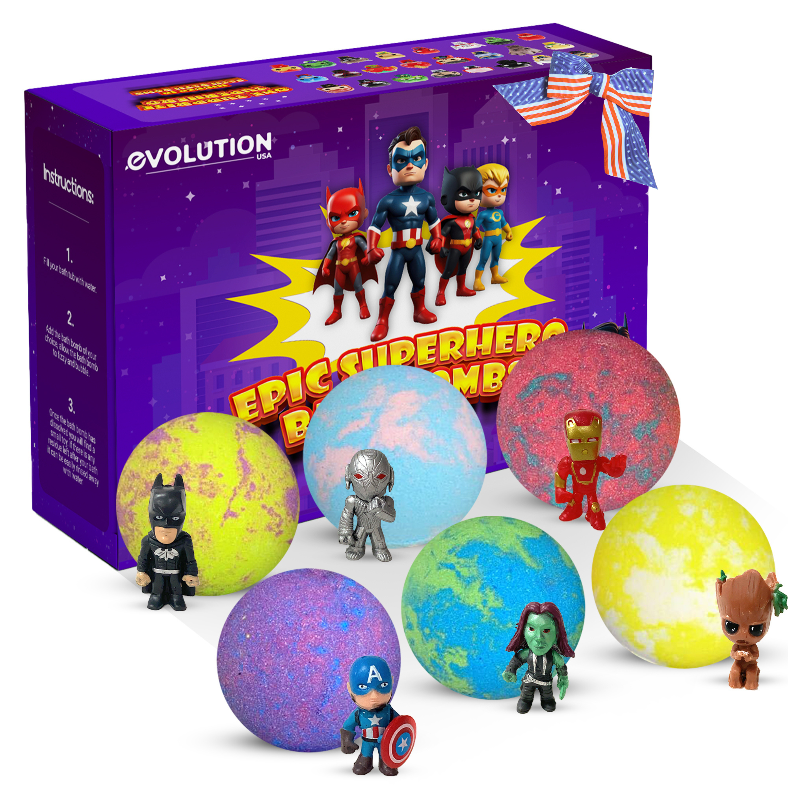 EvolutionUSA 6pc Epic Superhero Bath Bombs for Kids – Childrens Super Hero Bath Bombs with Toy, Organic Bathbomb with Surprise, Fizzy Superhero Bath Balls, Lush Bathbombs Easter, Valentines, Birthday