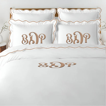 Monogram 400TC Cotton Scallop Embroidery Sateen Solid Duvet Cover Set