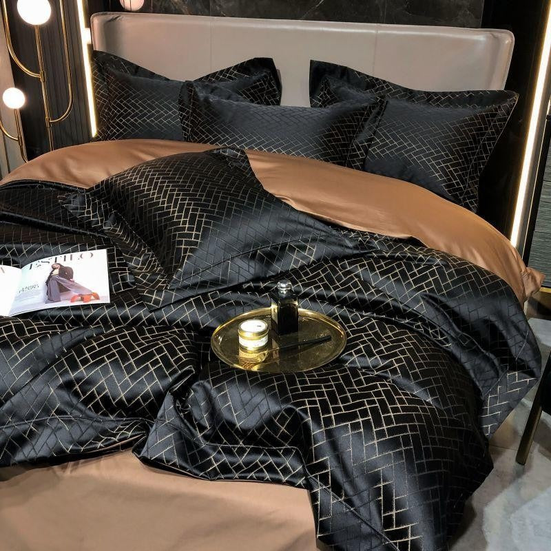 Talia Black Gold Cotton Satin Bedding Set | 3CARATS