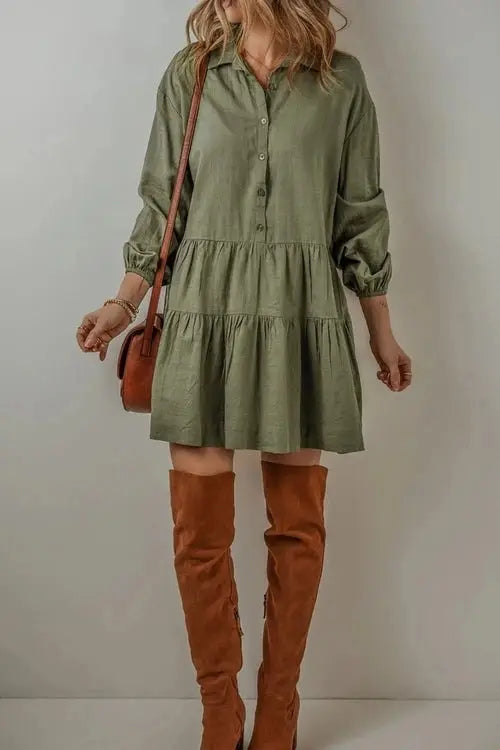 Tiered Balloon Sleeve Dress with Collared Neck Design