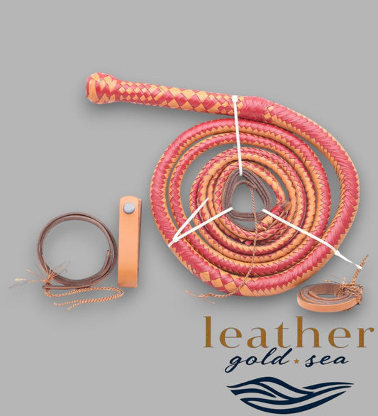 Handmade Real Bull Whip – 16 Plait Leather, Orange & Red