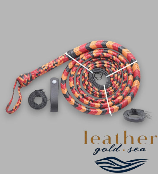 Handmade Leather Bullwhip – Orange Red Black 16 Plait