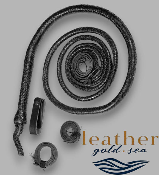 Handmade Black Leather Bull Whip – Genuine Leather 16-Plait