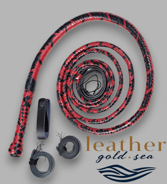 Handmade Black & Red Bull Whips for Sale – Genuine Leather (4–16 ft)