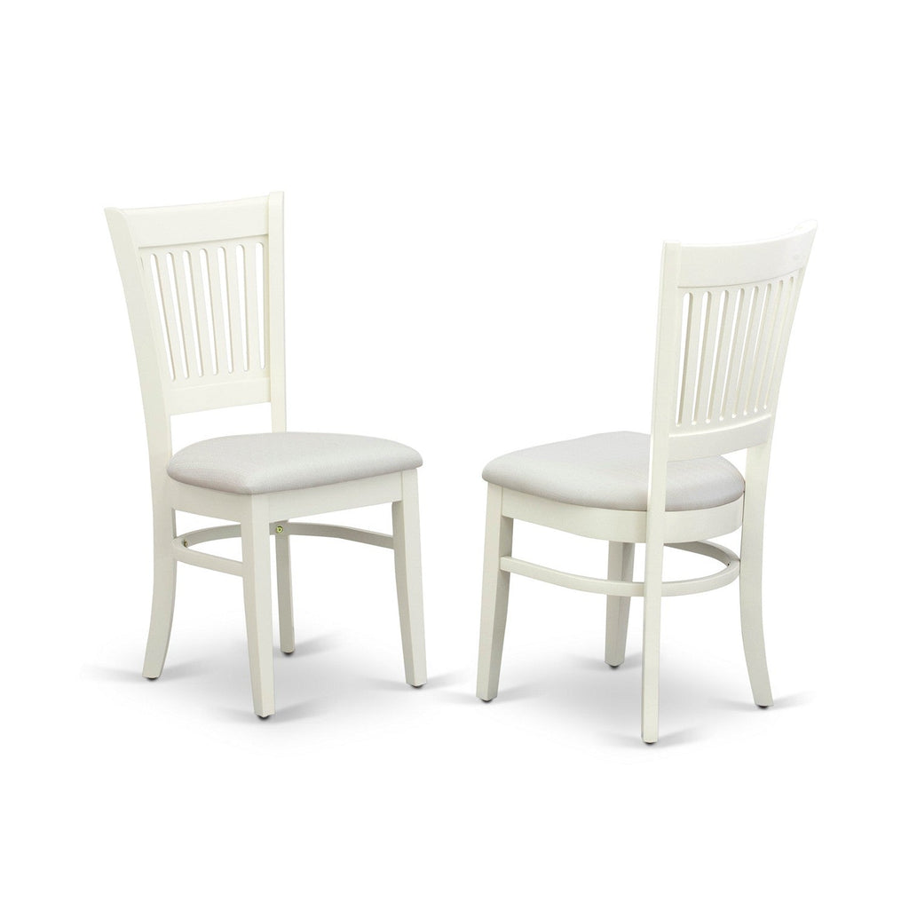 EAST WEST FURNITURE - ANVA3-LWH-C - 3-Pc Dining Room Table Set- 2 Wooden Chairs and Round Dining Table - Linen Fabric Seat and Slatted Chair Back (linen white Finish)