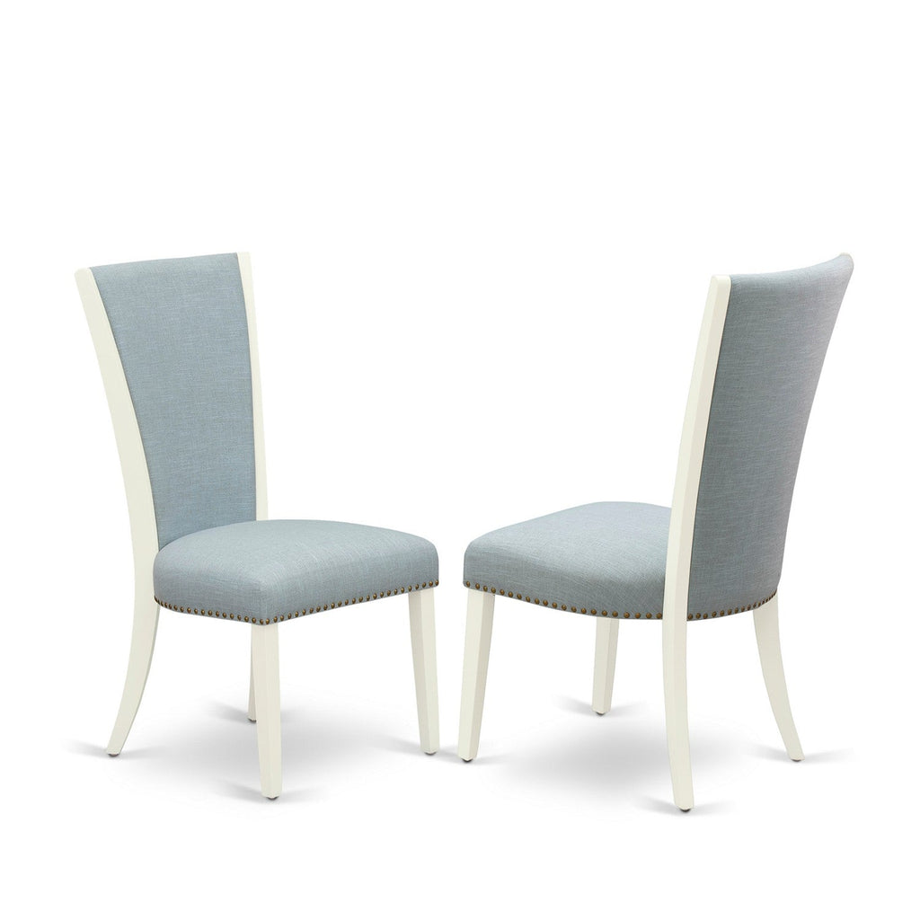 EAST WEST FURNITURE - CAVE5-LWH-15 - 5 Piece Dining Table Set - 4 Baby Blue Linen Fabric Dining Chairs with High Back and 1 Wooden Dining Table - linen white Finish
