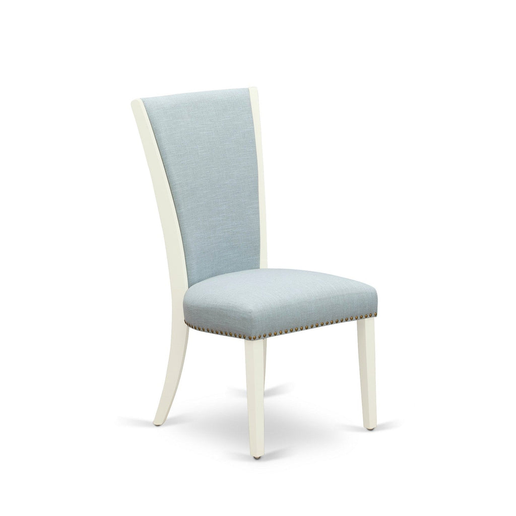 EAST WEST FURNITURE - ANVE5-LWH-15 - 5 Piece Dining Room Set - 4 Baby Blue Linen Fabric Kitchen Chairs with High Back and 1 Modern Dining Room Table - linen white Finish