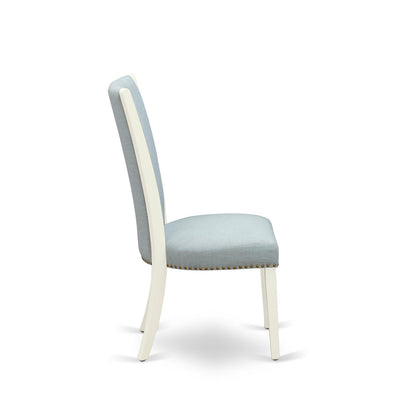 EAST WEST FURNITURE - BOVE5-WHI-15 - 5 Pc Modern Dining Table Set - 4 Baby Blue Linen Fabric Mid Century Dining Chairs with High Back and 1 Modern Dining Table - linen white Finish