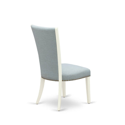 EAST WEST FURNITURE - CAVE7-LWH-15 - 7 Piece Dining Room Set - 6 Baby Blue Linen Fabric Dining Padded Chairs with High Back and 1 Kitchen Dining Table - linen white Finish