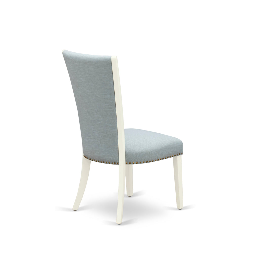 EAST WEST FURNITURE - AVVE5-LWH-15 - 5 Pc Dining Room Table Set - 4 Baby Blue Linen Fabric Dining Padded Chairs with High Back and 1 Removable leaf Oval Dining Table - linen white Finish
