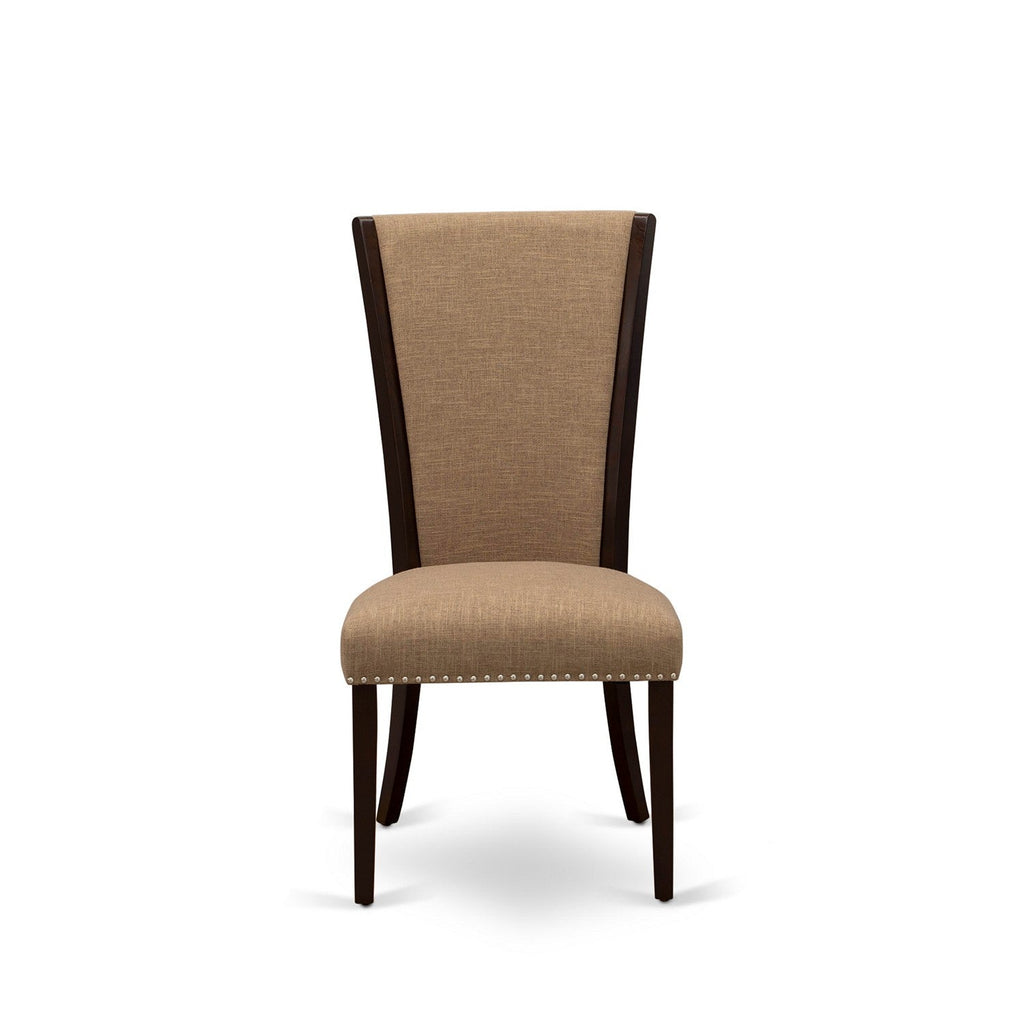 EAST WEST FURNITURE - CAVE5-MAH-47 - 5 Piece Kitchen Table Set - 4 Light Sable Linen Fabric Parson Dining Room Chairs with High Back and 1 Gorgeous Dining Table - Mahogany Finish