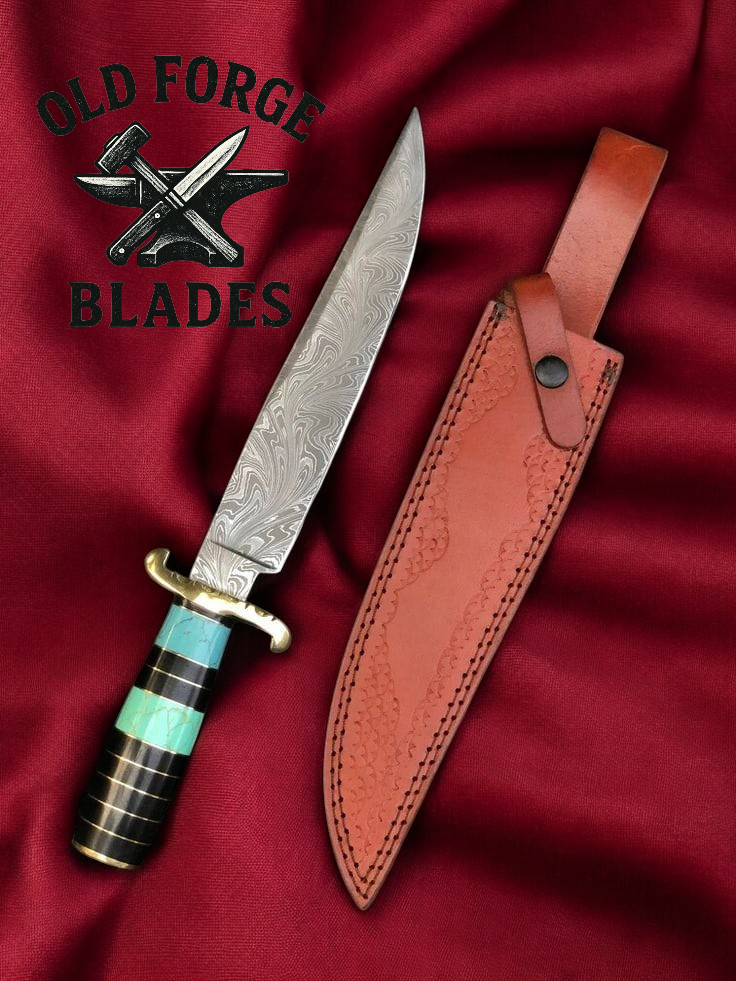 Premium Damascus Steel Bowie Knife with Turquoise Handle