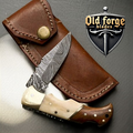 Handcrafted Damascus Folding Knife – Wood & Bone