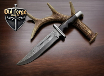 Handmade Custom Damascus Knife – Bowie Blade with Bull Horn Handle