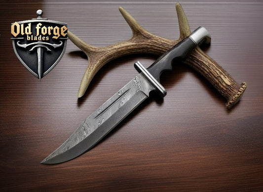 Handmade Custom Damascus Knife – Bowie Blade with Bull Horn Handle