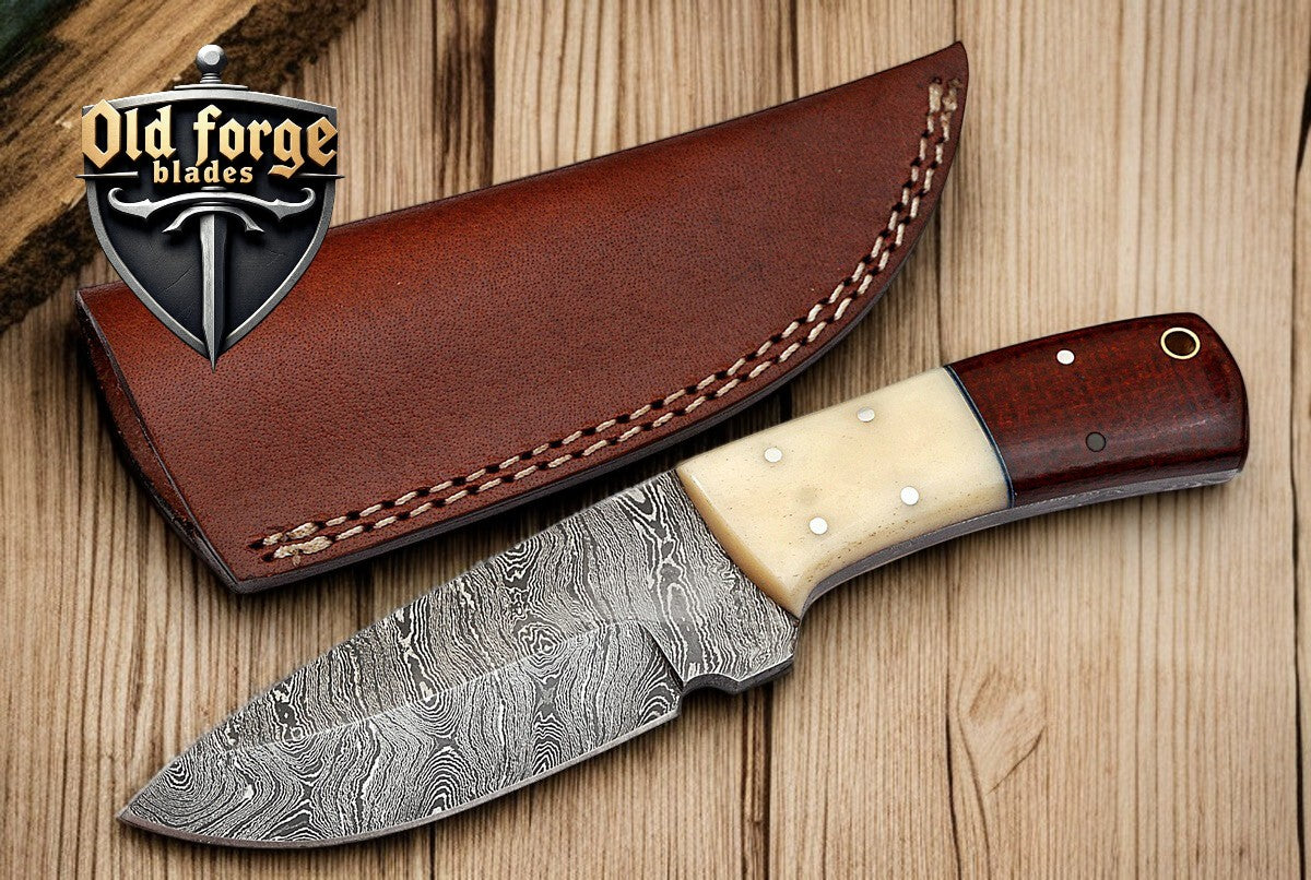 Custom Full Tang Damascus Hunting Knife with Camel Bone Handle
