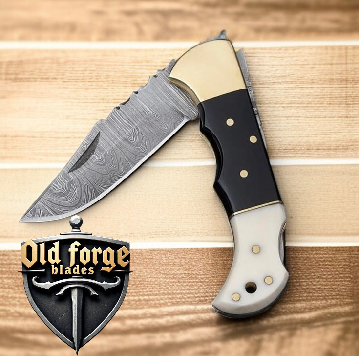 Handmade Damascus EDC Pocket Knife – Horn & Pearl Handle