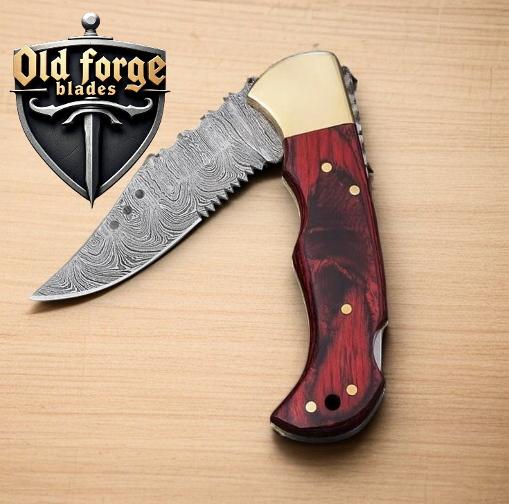 Premium Damascus Steel Pocket Knife – Rosewood Handle Back Lock EDC