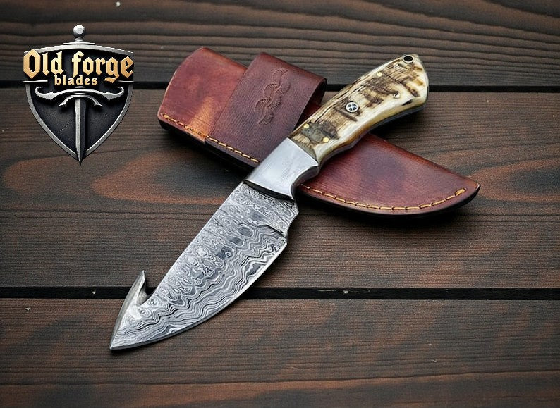 Handmade Damascus Guthook Hunting Knife with Horn Handle