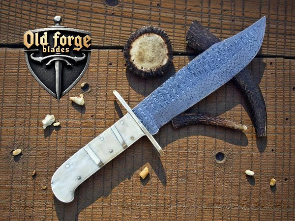 Handmade Damascus Bowie Knife – Classic Bone Handle & Leather Sheath