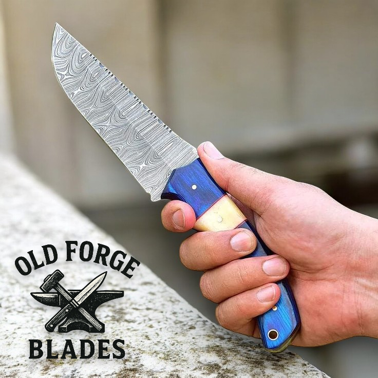 Custom Damascus Knives with Colored Wood & Bone Handle