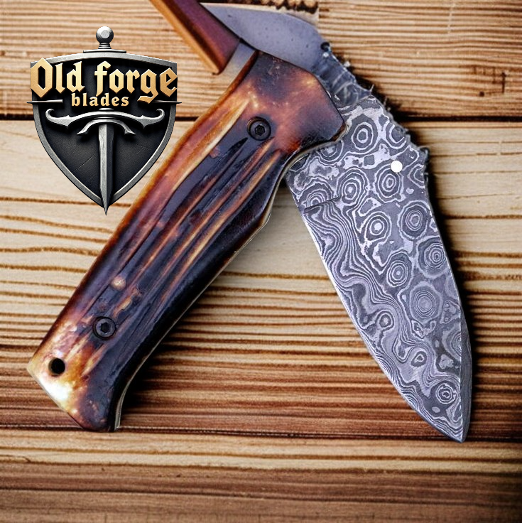 Handmade Damascus Folding Knife – Camel Bone