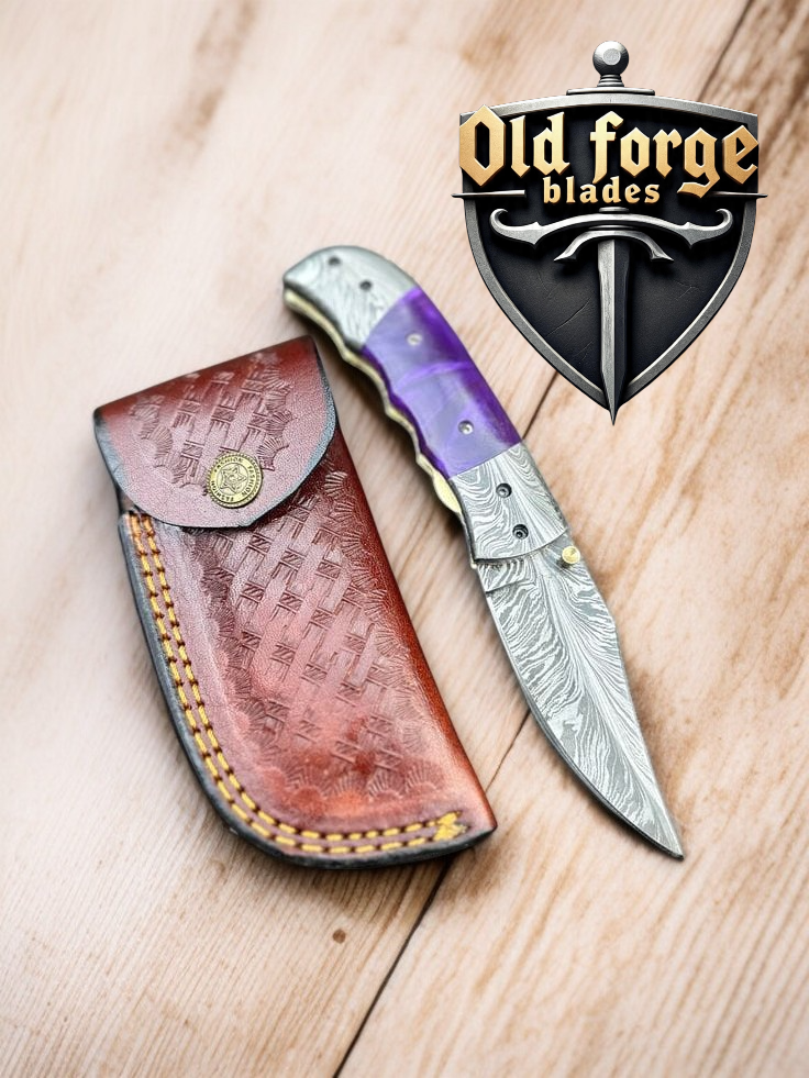 Damascus Pocket Premium Knife – Custom Handmade 3” Feather Pattern Folding Blade