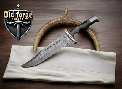 Handmade Custom Damascus Knife – Bowie Blade with Bull Horn Handle