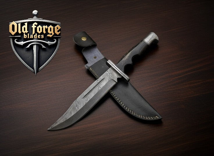 Handmade Custom Damascus Knife – Bowie Blade with Bull Horn Handle
