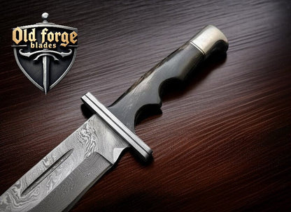 Handmade Custom Damascus Knife – Bowie Blade with Bull Horn Handle